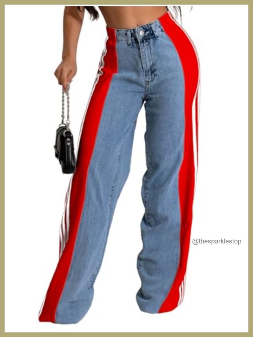 High Waisted Wide Leg Striped Patchwork Color Block Stretchy Jeans